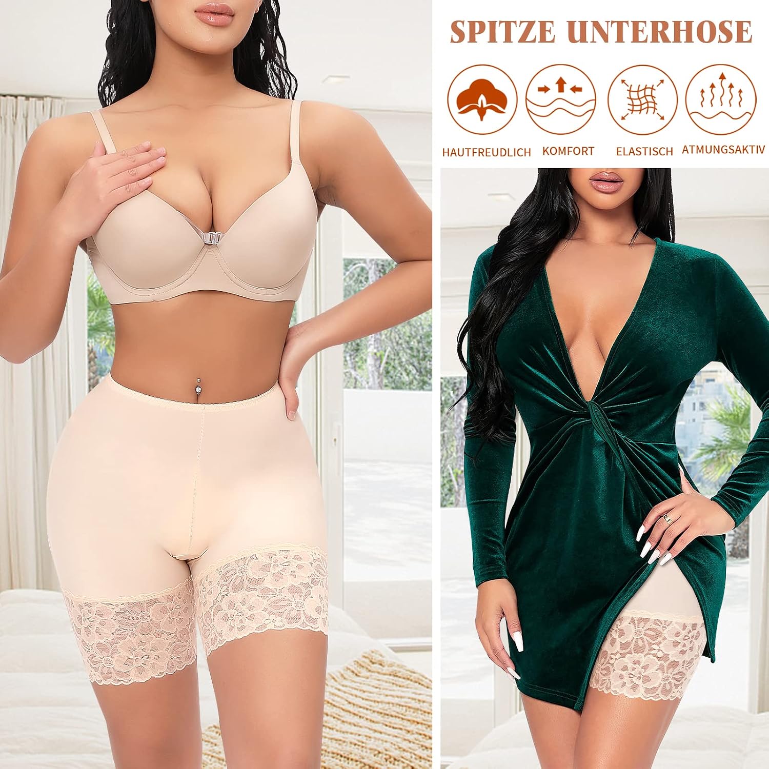 Detalle de YARRCO Damen Unterhose Spitze Radlerhose Kurz – Anti-Chafing Slipshorts