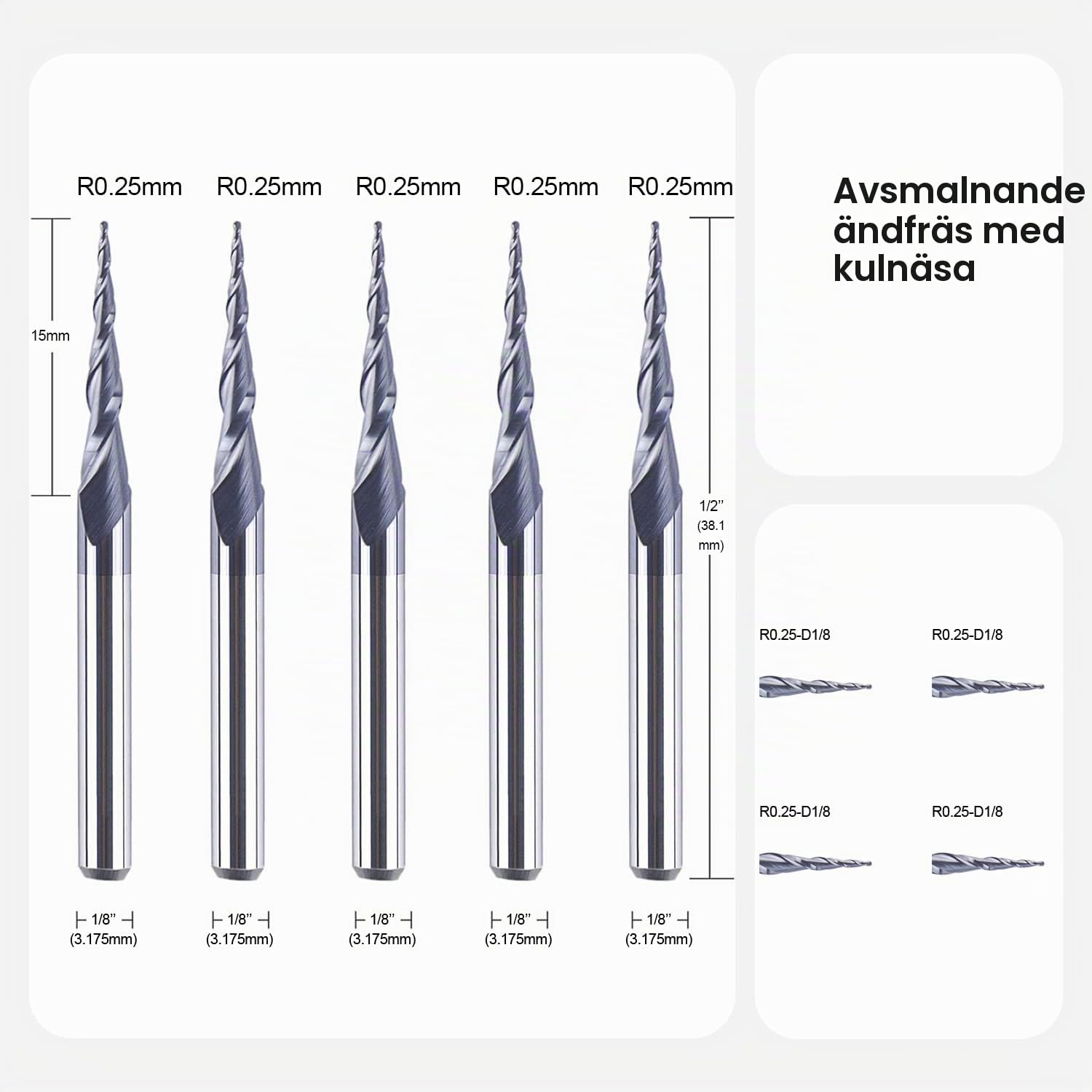 Thumbnail 1 de SpeTool 5-pack koniska kulfräsar R0,25 med 3,175 mm skaft och TiAlN