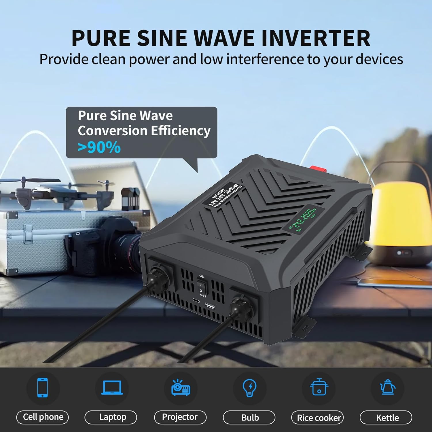 Thumbnail 6 de MFUZOP Inverter onda sinusoidale pura 12/24V DC → 220/230V AC, 2000W (picco 4000W) con LCD e porte USB/Type‑C