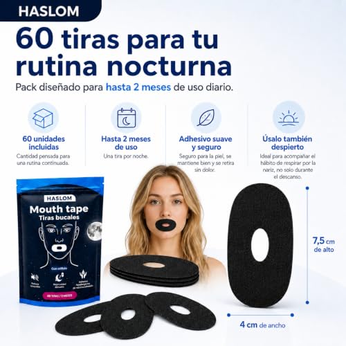 Detalle 2 de HASLOM 60 tiras bucales para dormir negras – Con orificio central y ajuste estable