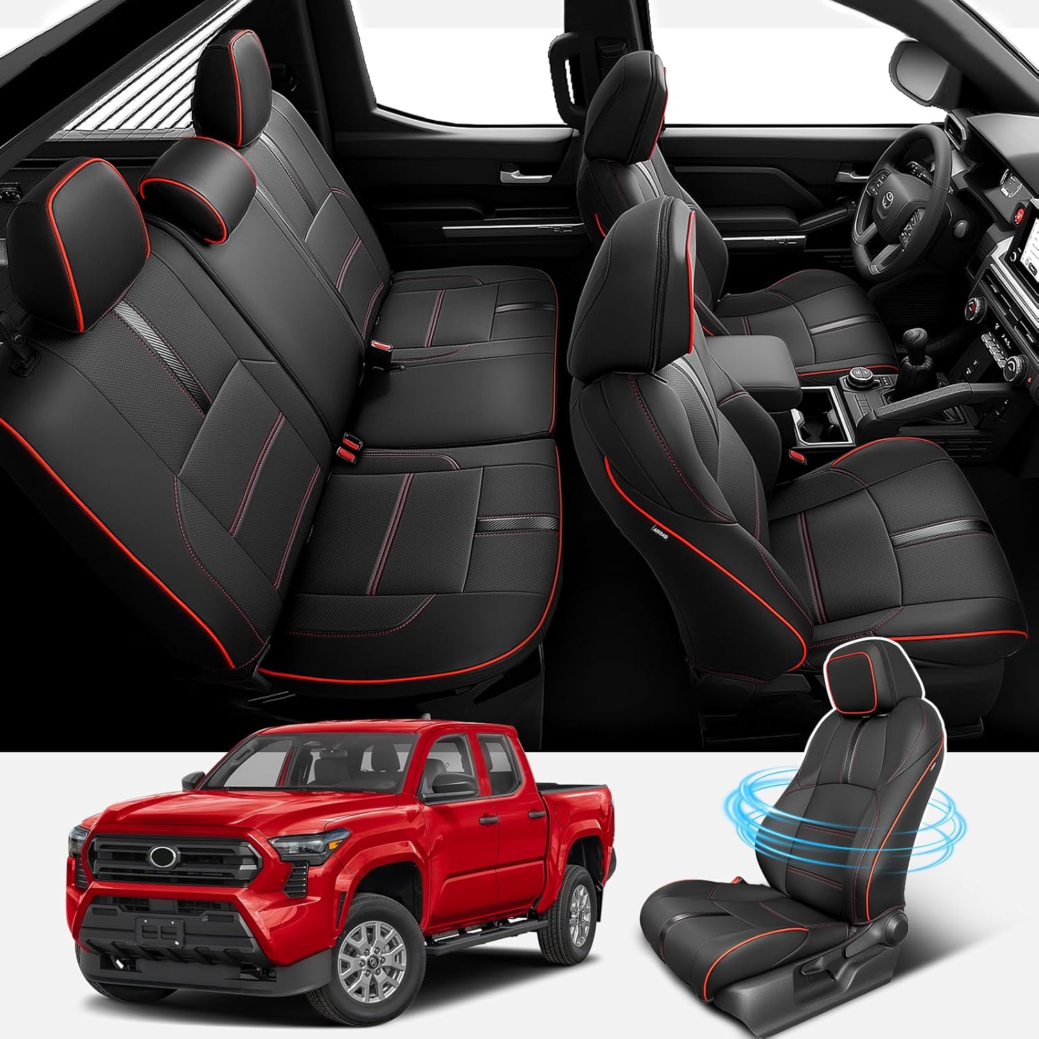 Detalle 2 de DiffCar for Toyota Tacoma Seat Covers (2024–2026, Gas Only) – Full Faux Nappa Leather Set in Black/Red
