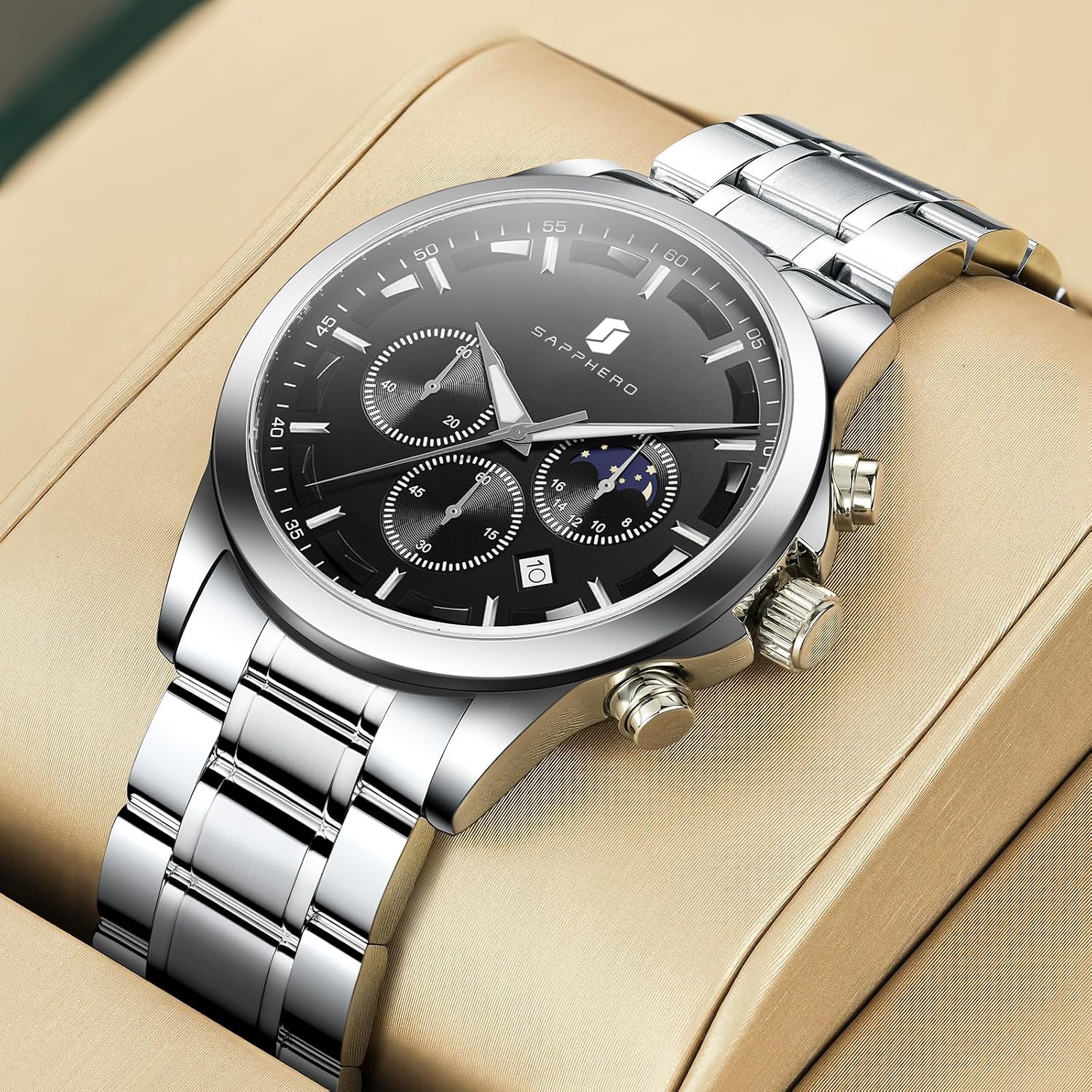 Detalle de BENYAR by Montre Homme chronographe étanche avec calendrier, bracelet cuir/acier inoxydable