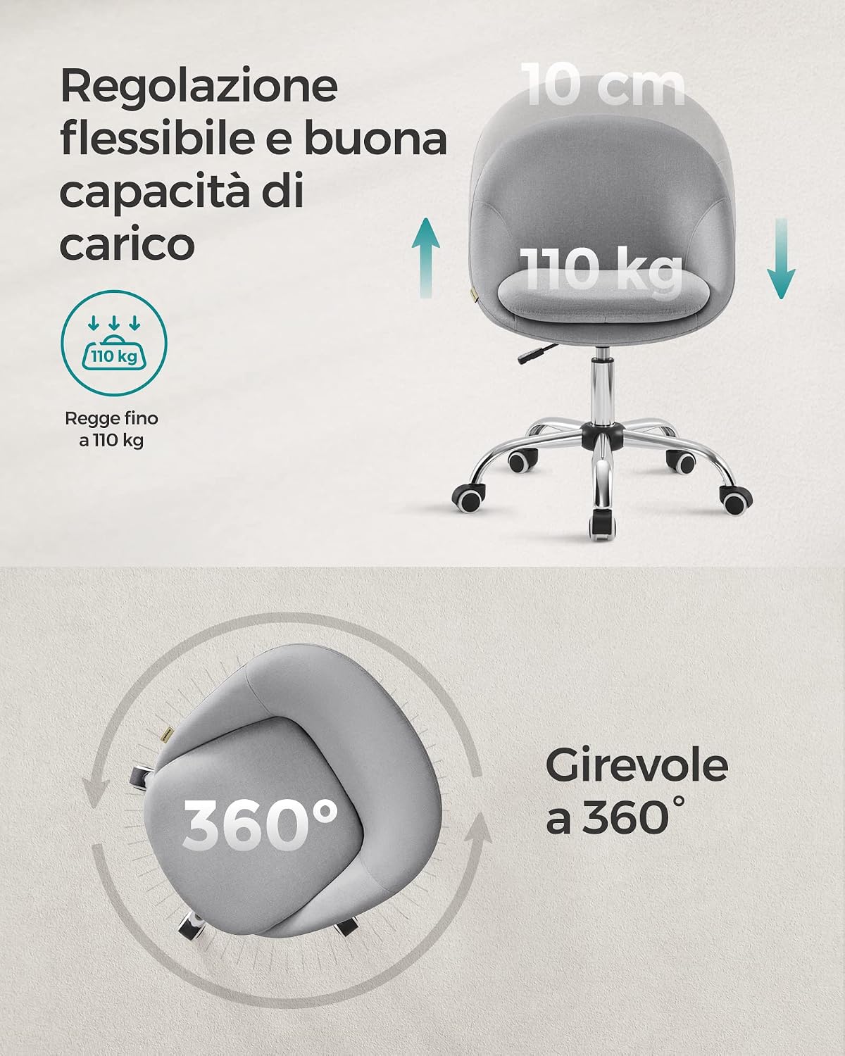 Thumbnail 6 de SONGMICS Sedia da Studio OBG020G01 girevole 360° in cotone-lino, regolabile in altezza, grigio tortora