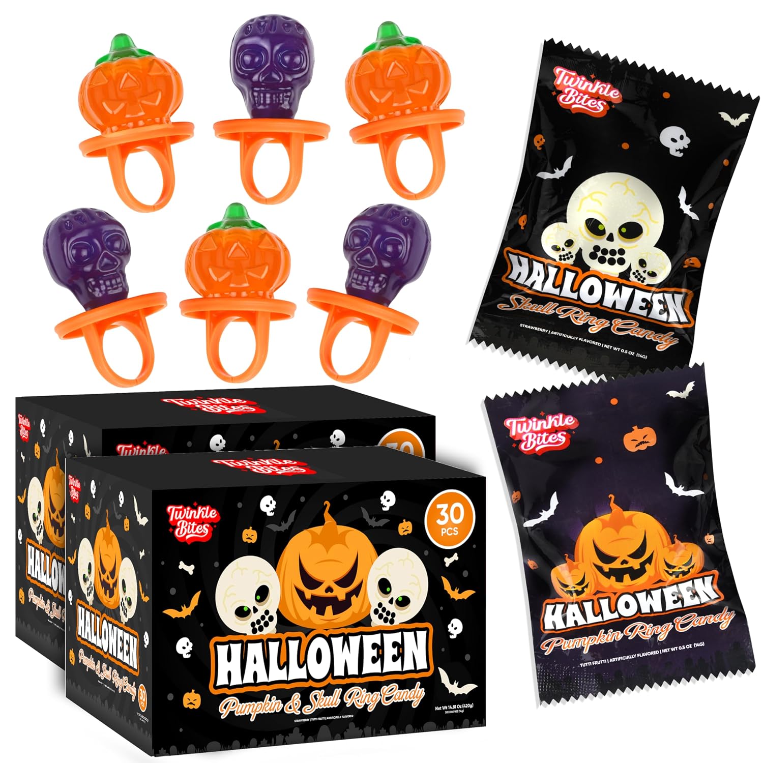 Detalle de Twinkle Bites Halloween Ring Lollipops, 60-Pack with Pumpkin & Skull Designs