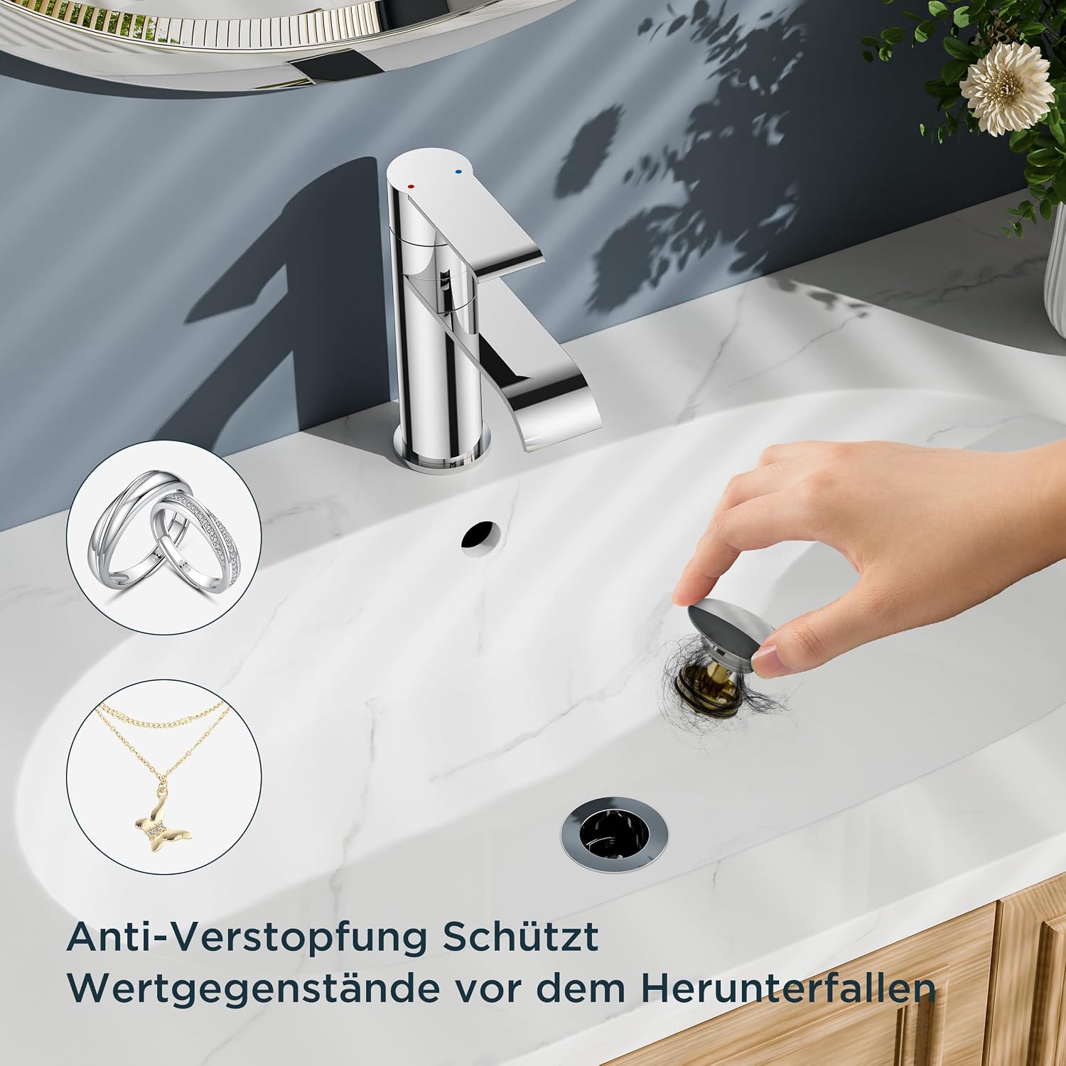 Thumbnail 1 de FORIOUS Bad-Wasserhahn mit Ablaufgarnitur & Einhebelmischer (schwarz) – Waschtischarmatur für wassersparenden Wasserfallfluss