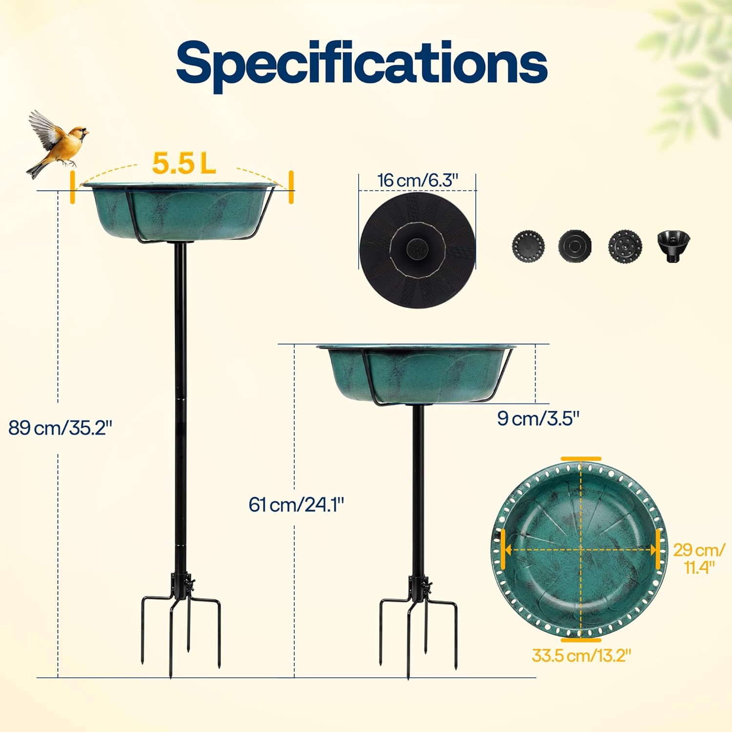 Thumbnail 2 de VIVOHOME Solar Bird Bath with Sun-Powered Fountain and 5-Pronged Base