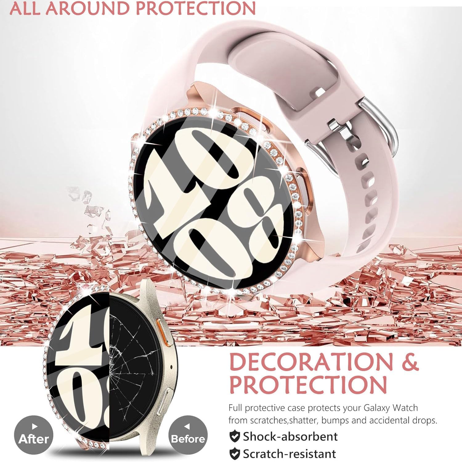 Detalle de DEALELE 2-Pack Tempered Glass Case for Samsung Galaxy Watch 6 (40mm) – Rose Gold + Transparent