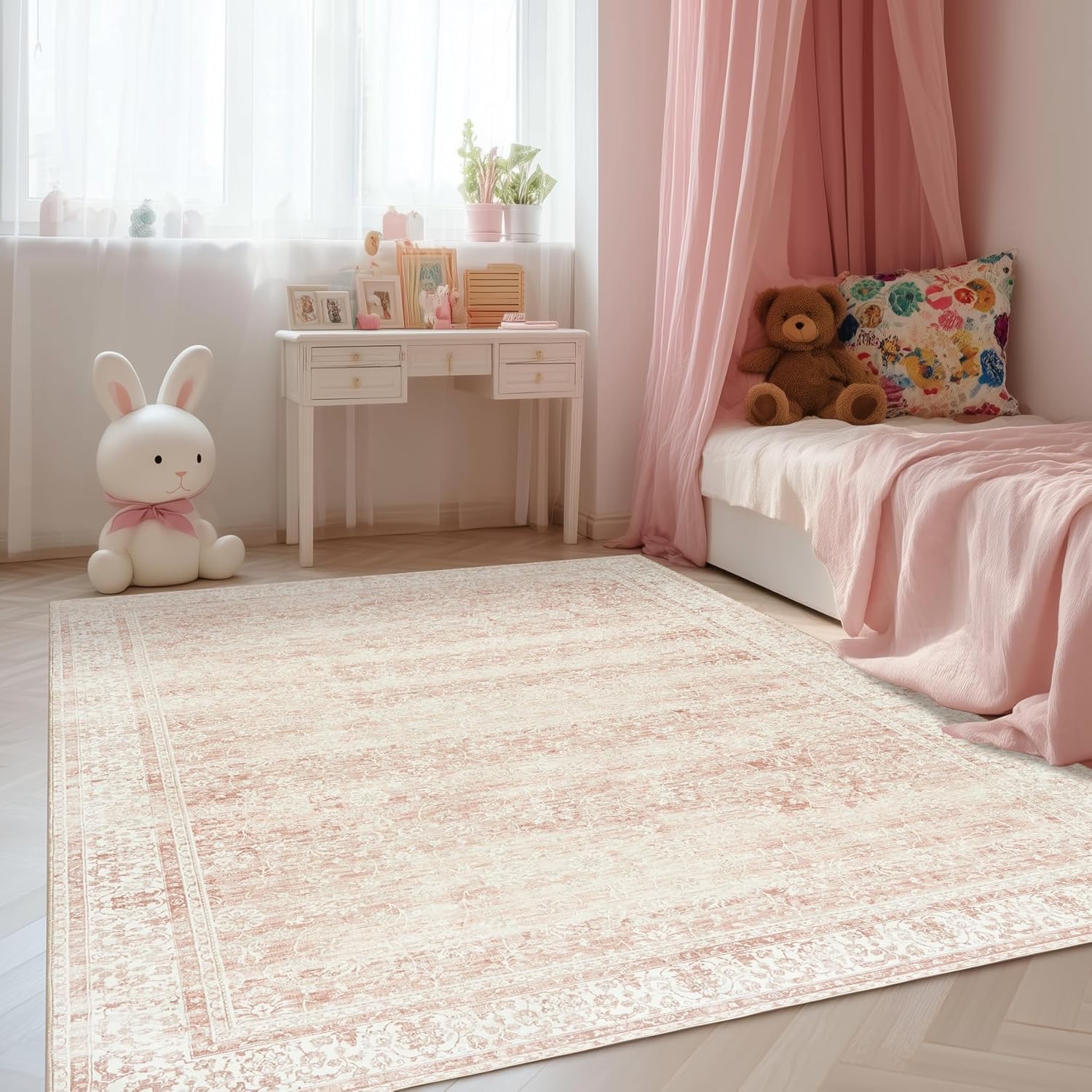 Thumbnail 1 de BILEEHOME Light Pink 6x9 Vintage Distressed Area Rug (Low Pile, Machine Washable)