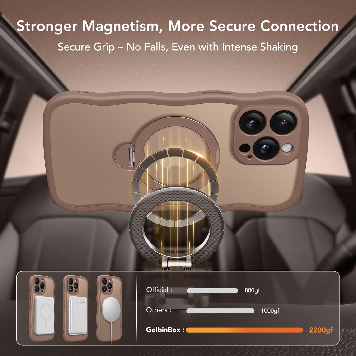 Thumbnail 3 de GolbinBox iPhone 14 Pro Women’s Case with MagSafe, 360° Magnetic Stand, Wave Edge & Military-Grade Drop Protection (Brown)