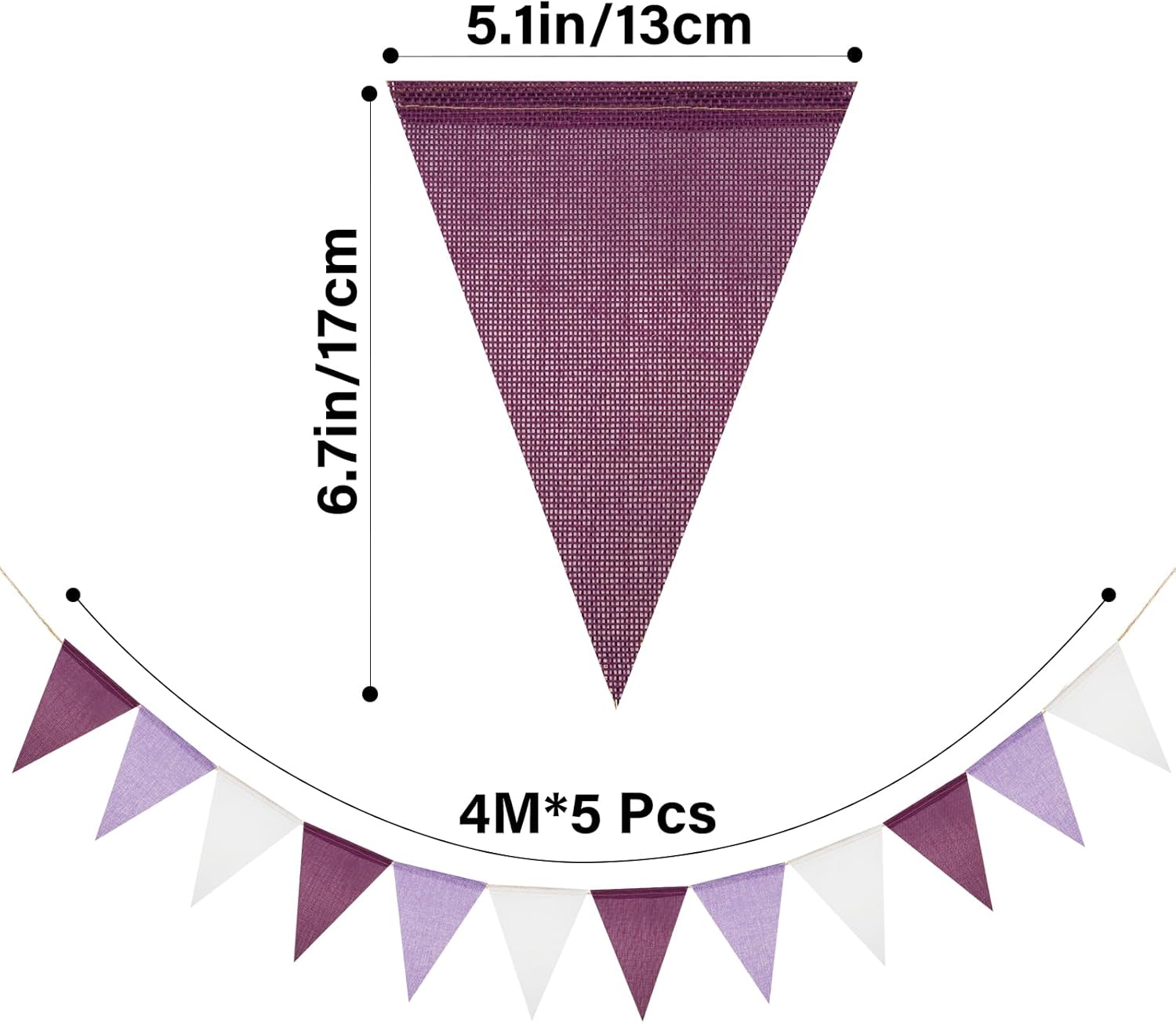 Detalle de G2PLUS Purple White Burlap Triangle Bunting (60 pieces) – Reusable waterproof hessian party flags, 20m for weddings, baby showers & garden décor