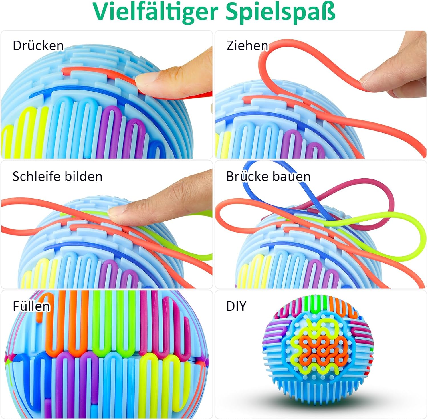 Detalle de Sensorik Activity Ball mit 16 bunten Silikonstreifen – Stressabbau Spielzeug Blau