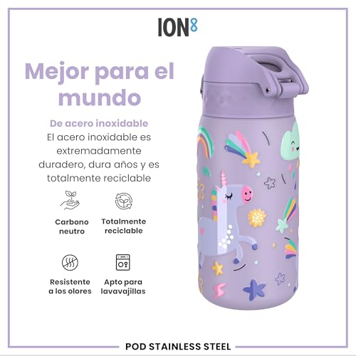 Thumbnail 4 de ion8 Botella Agua Inox Ligero para Niños 400 ml, Unicornio Púrpura – Sin Aislamiento y a prueba de fugas