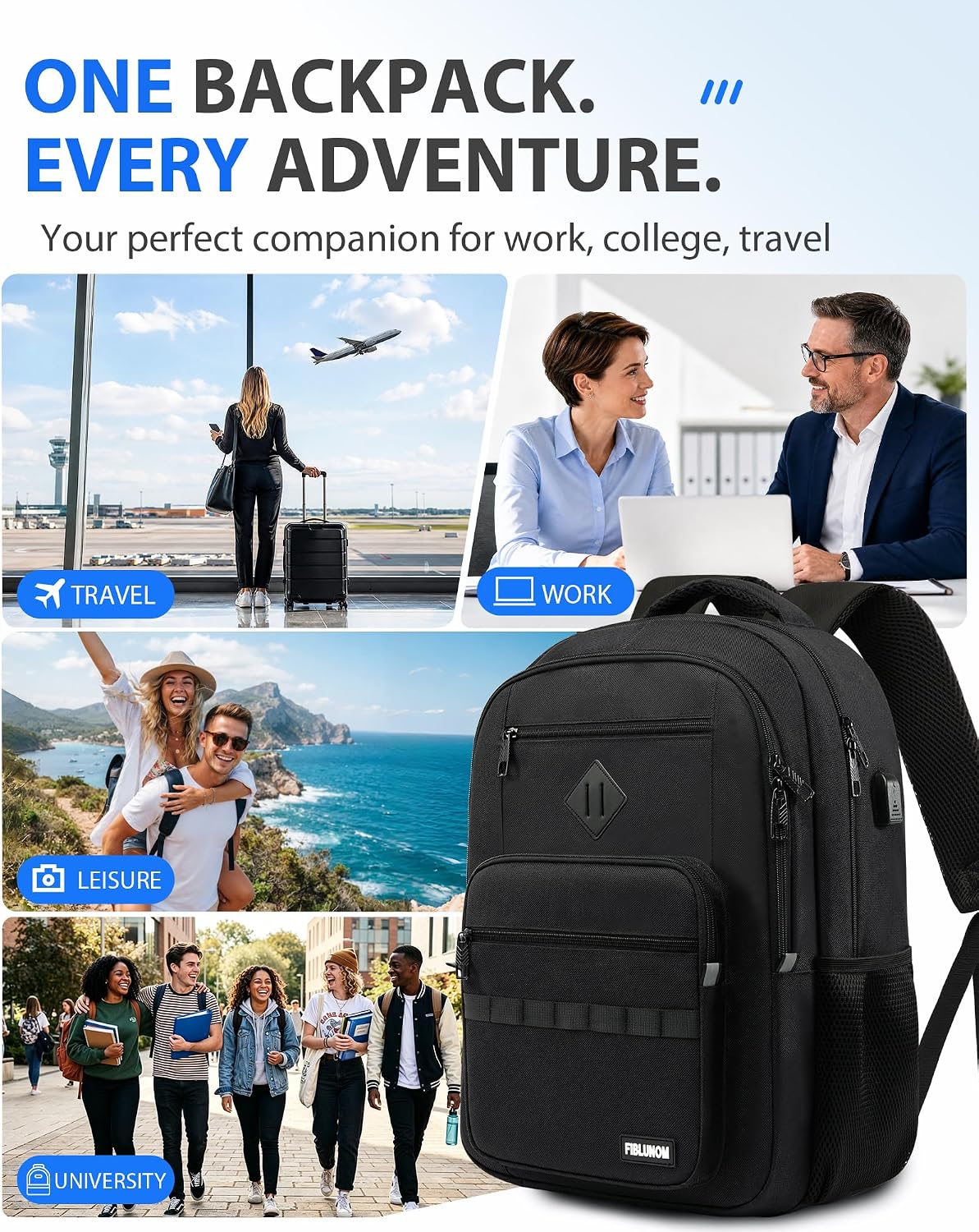 Detalle de FIBLUNOM 15.6-Inch Laptop Backpack with Reinforced Straps and 7 Zippered Pockets