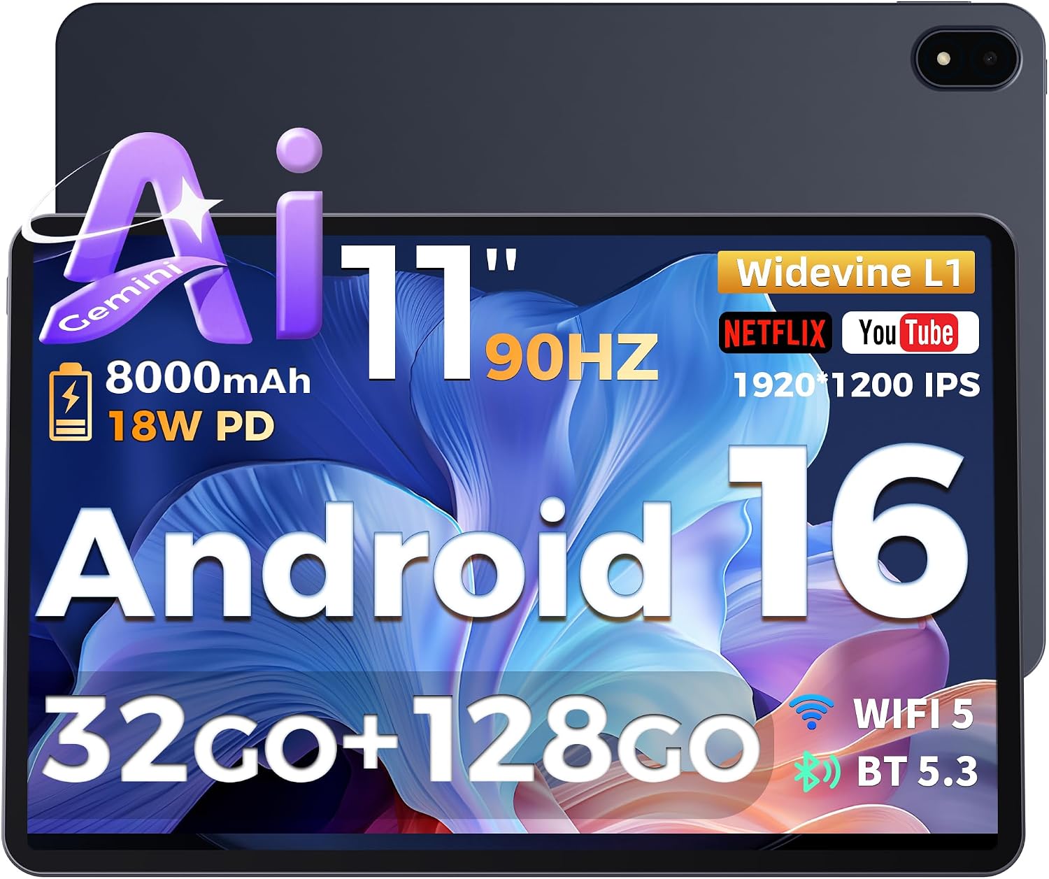 Detalle de RebotAi 2026 Tablette 11 Pouces Android 16 avec Gemini AI, 32Go RAM + 128Go ROM + 1To TF
