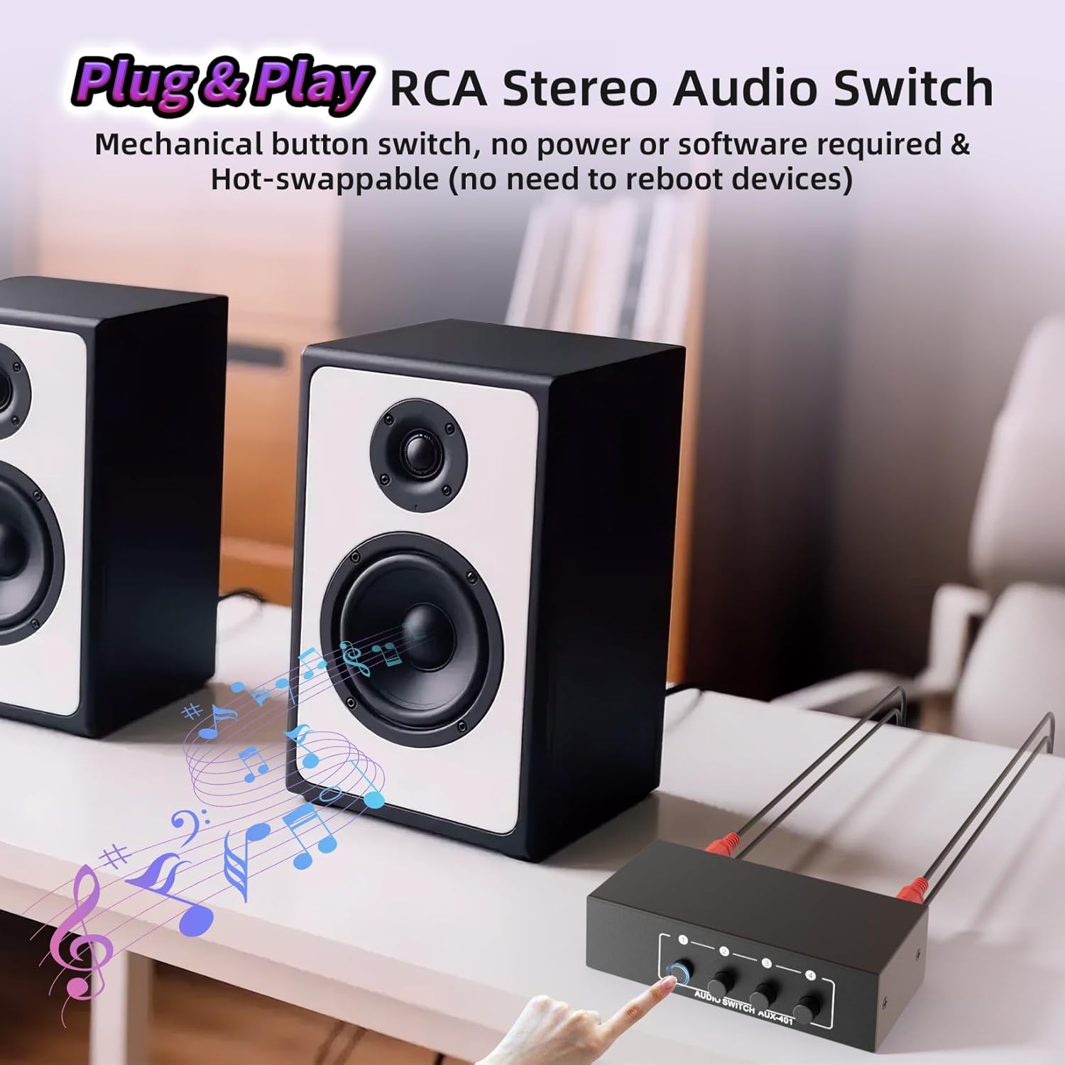 Detalle de 4-Way RCA L/R & 3.5mm Stereo Audio Switcher – Bi-Directional Passive 4x1/1x4 Audio Switch (No Power, 4 Buttons)