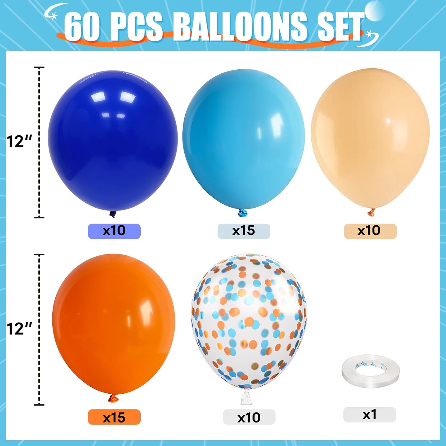 Detalle 2 de HILAVO 60-Pack Blue and Orange Balloons – 12 Inch Confetti & Matte Balloons for Space Theme Parties