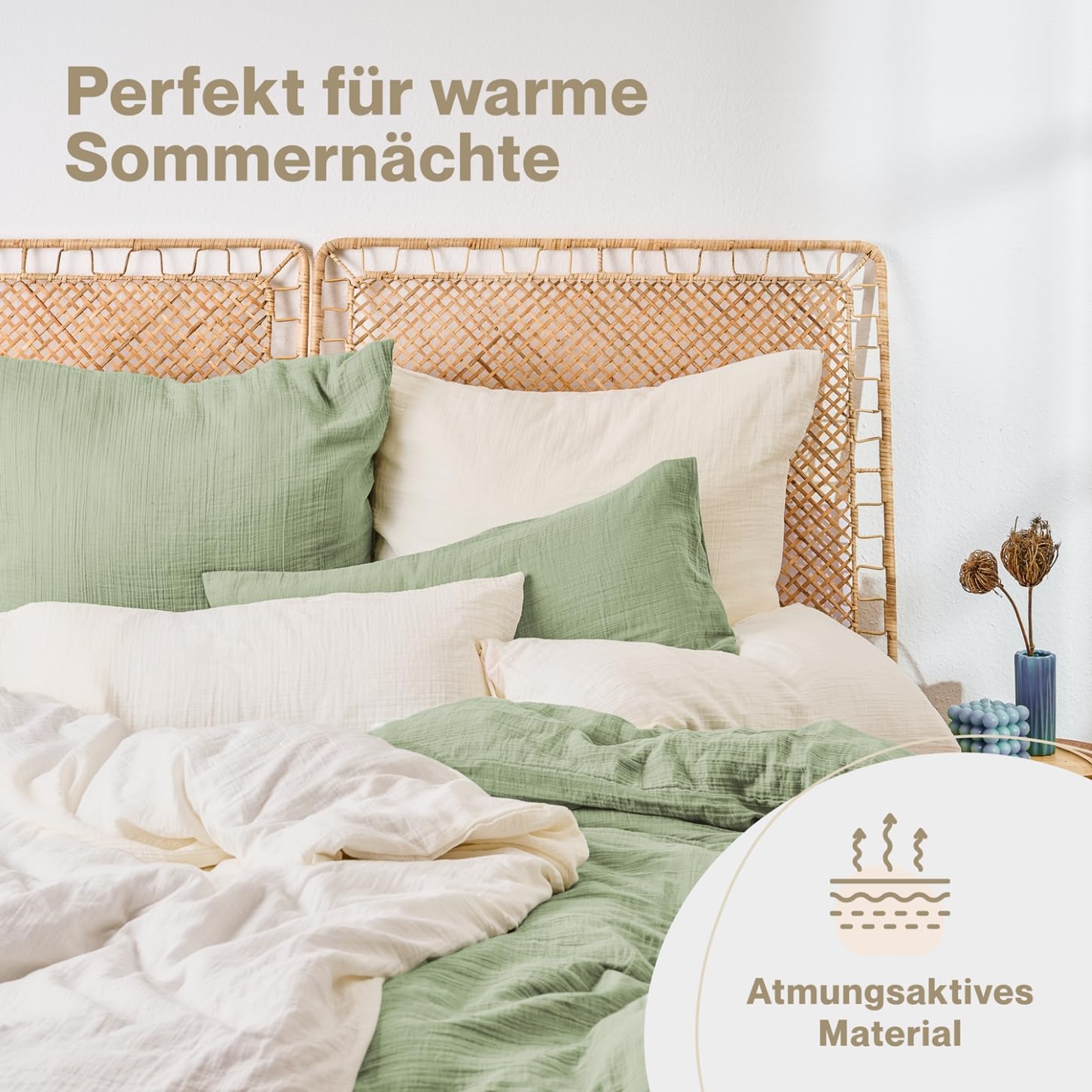 Detalle de Blumtal Musselin Bettwäsche 200x200 cm + 2x 80x80 cm – OEKO-TEX, 100% Baumwolle, beige