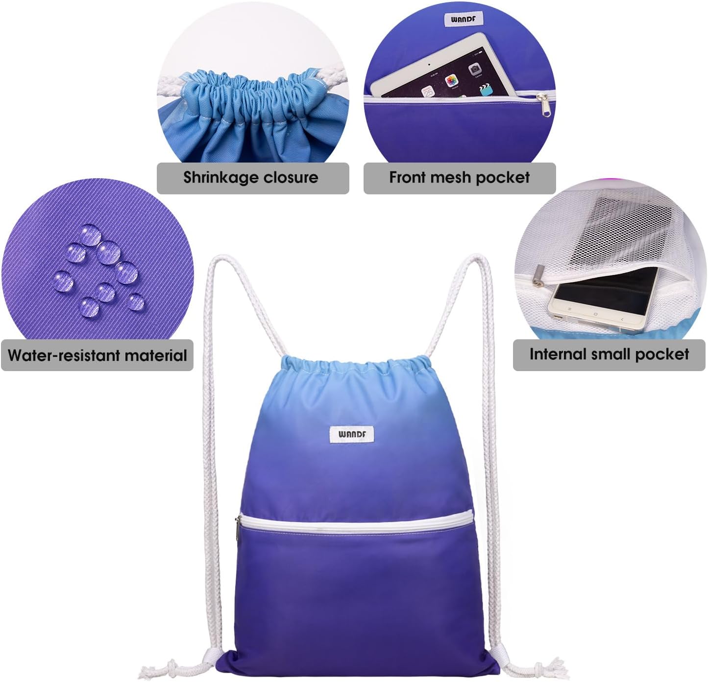 Detalle de WANDF Sac de sport pliable à dos avec poche extérieure et cordon réglable