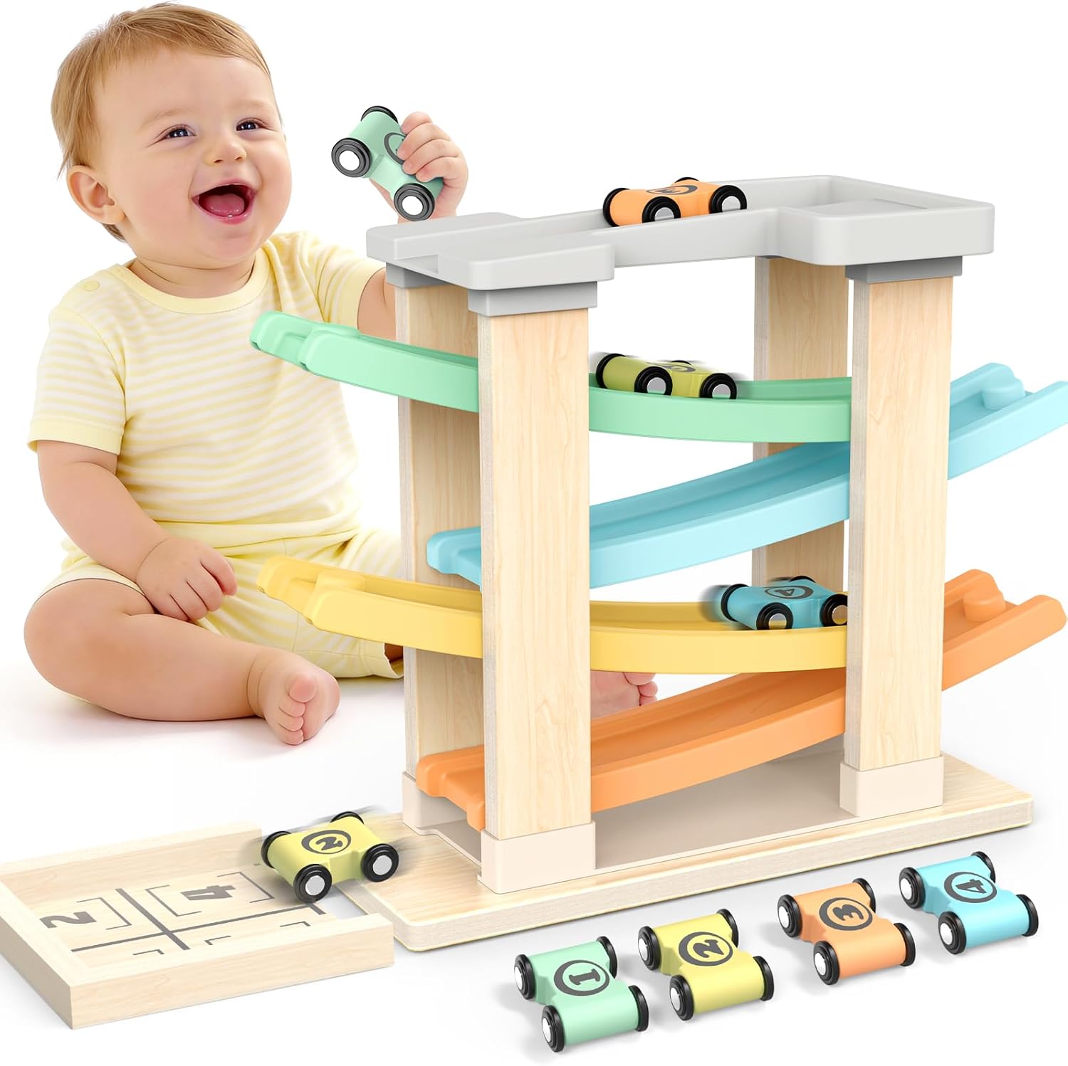 Toyzey Jouet Bebe 1 an, Voiture Bebe Jouet en Bois avec 4 Mini Jeux – Montessori et Piste de Voiture