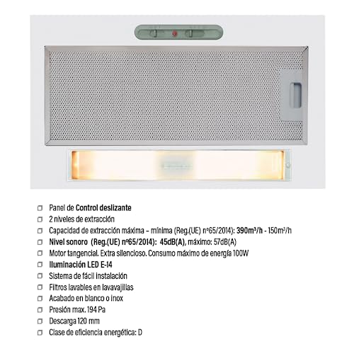 Detalle de Cata Campana de Cocina G 45 WH: versión blanca, 45 cm, extracción eficiente en 2 niveles