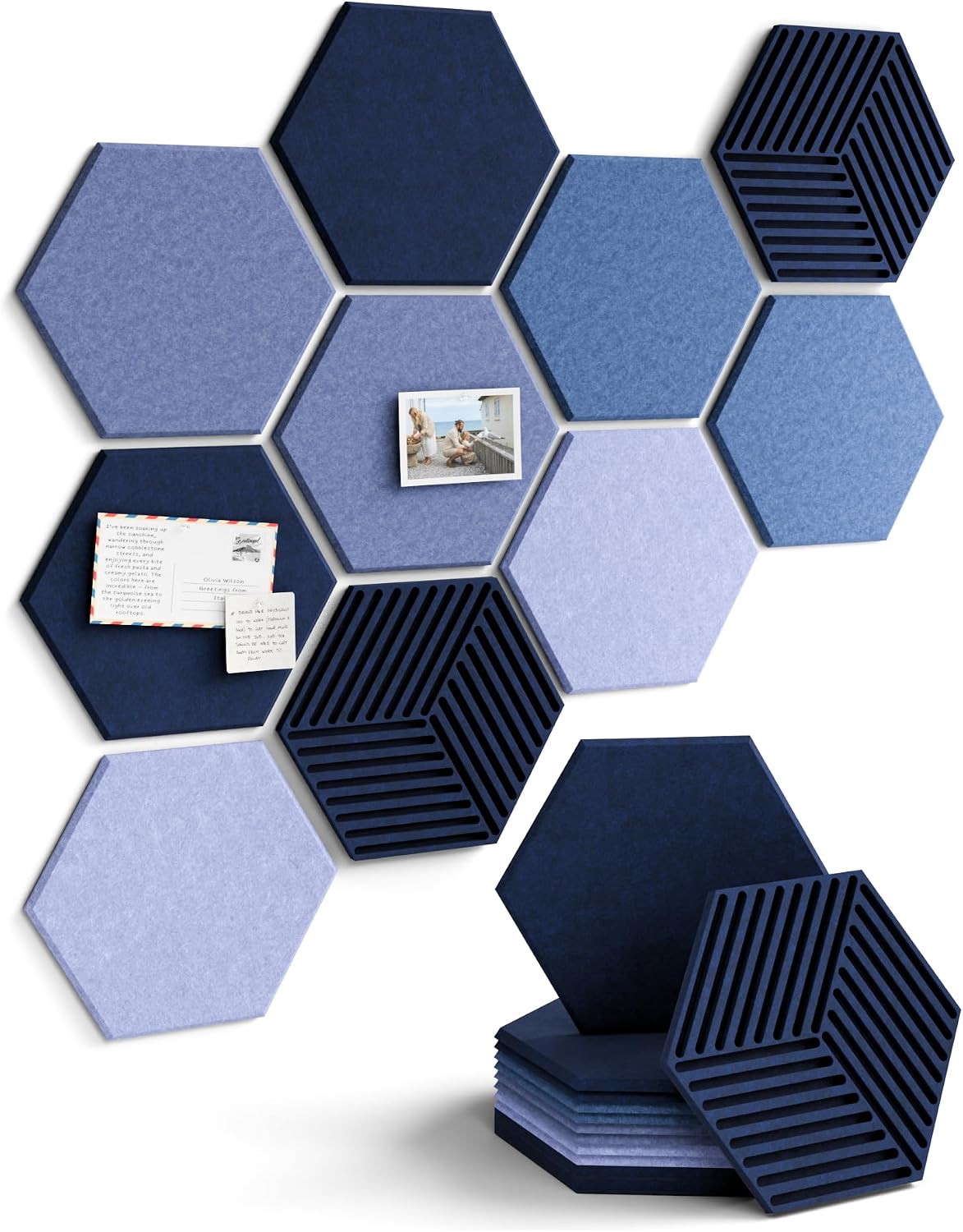 Detalle de Fluxynara 10-Pack Hexagon Felt Bulletin Boards, Denim Mist, 50 Adhesive Tabs