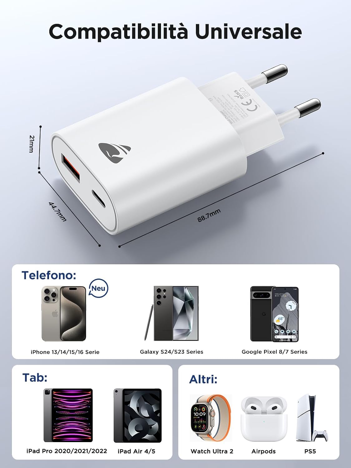 Thumbnail 6 de Caricatore USB-C 20W 2-in-1 (2 porte) 1x USB-A e 1x USB-C – Yosou