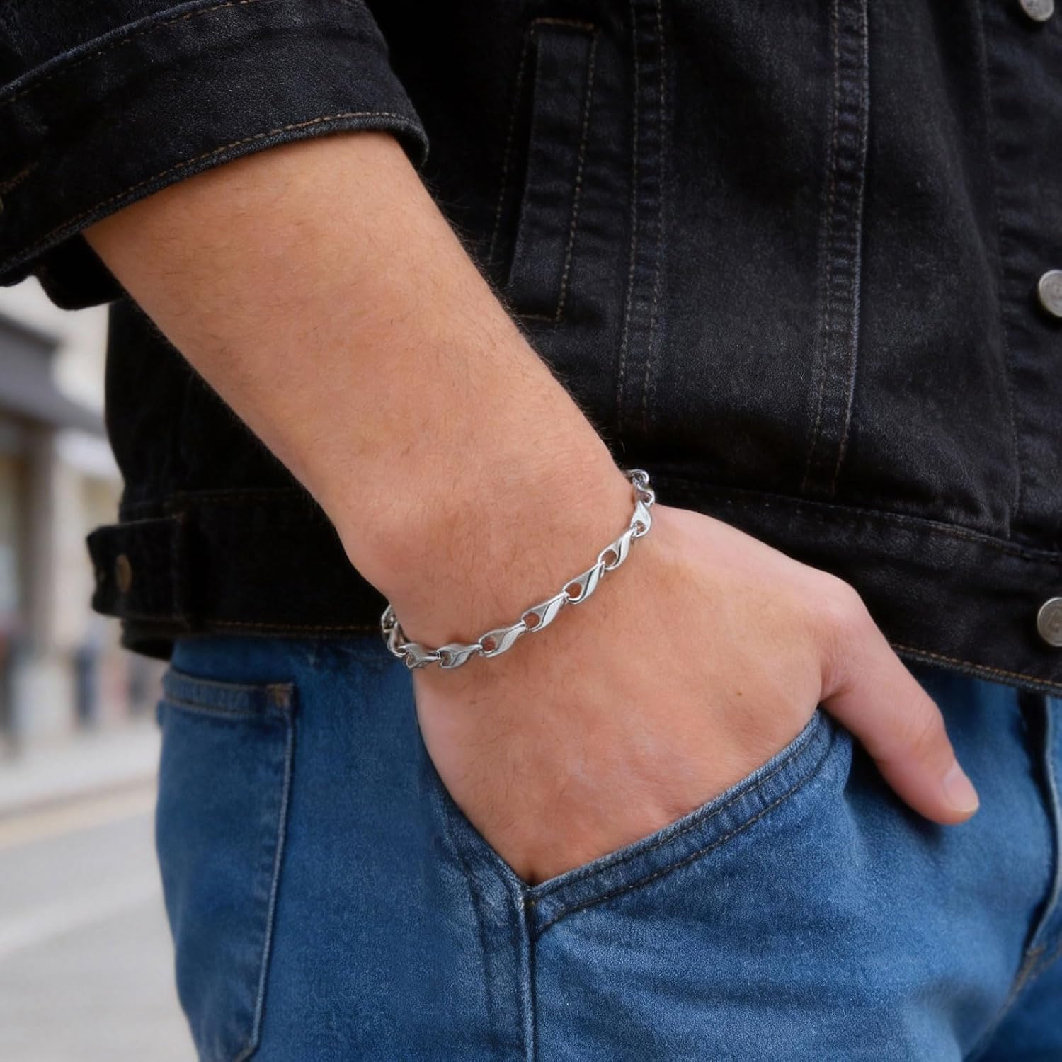 Thumbnail 1 de XUANPAI Herren-Armband mit Weizenkette (Edelstahl, 4/5 mm), vergoldet / silber / schwarz – Längen 19–23 cm