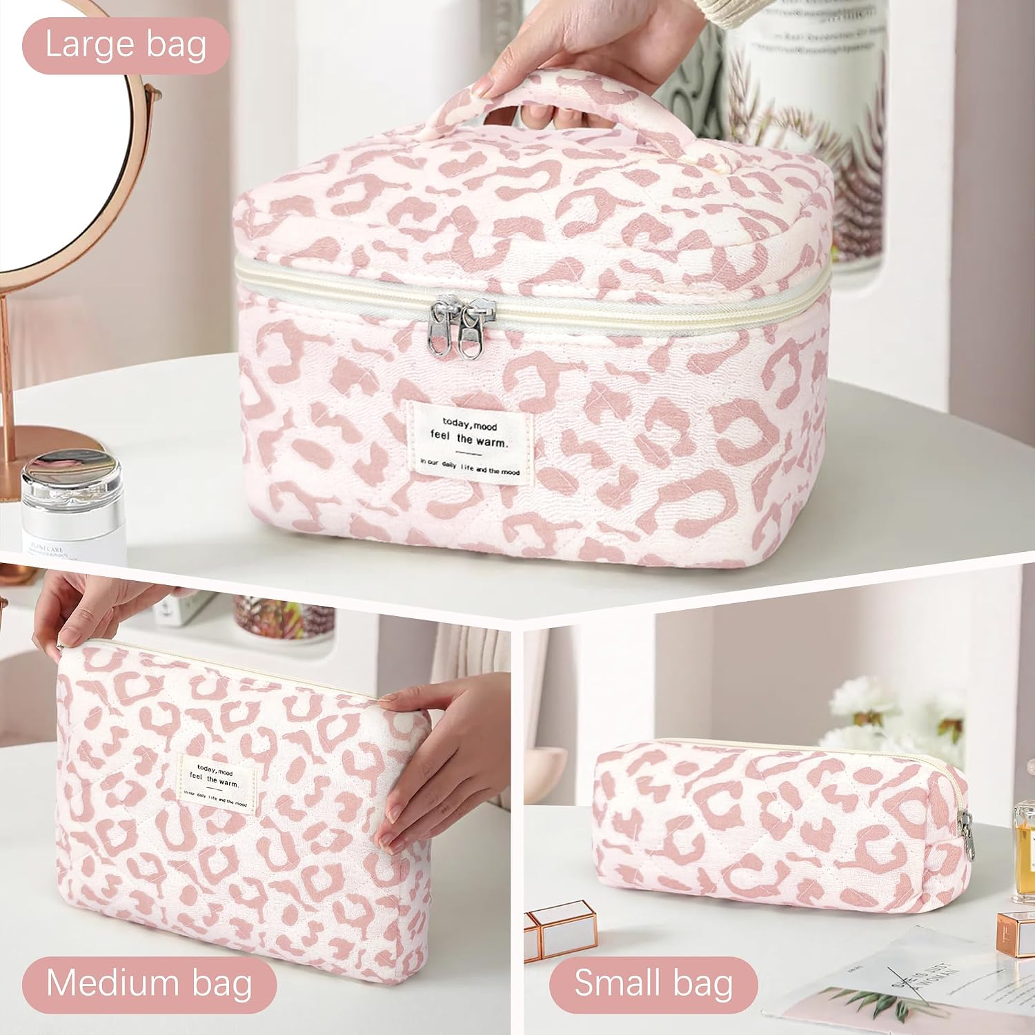 Thumbnail 3 de YMIFEEY 3er Kosmetiktasche Set Rosa Leopard – Groß, Mittel und Klein aus Baumwollfaser