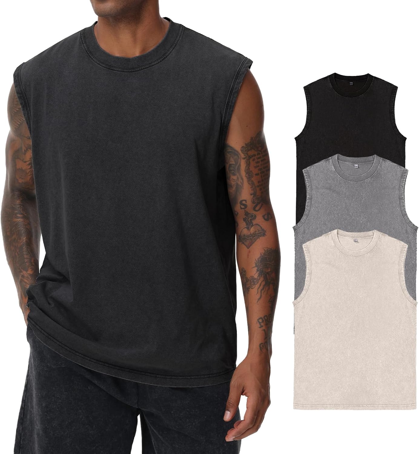 Thumbnail 6 de HOUZONIY Herren Kurzarm/Sleeveless Fitnessshirt ohne Ärmel aus Baumwolle (Washed Sleeveless)