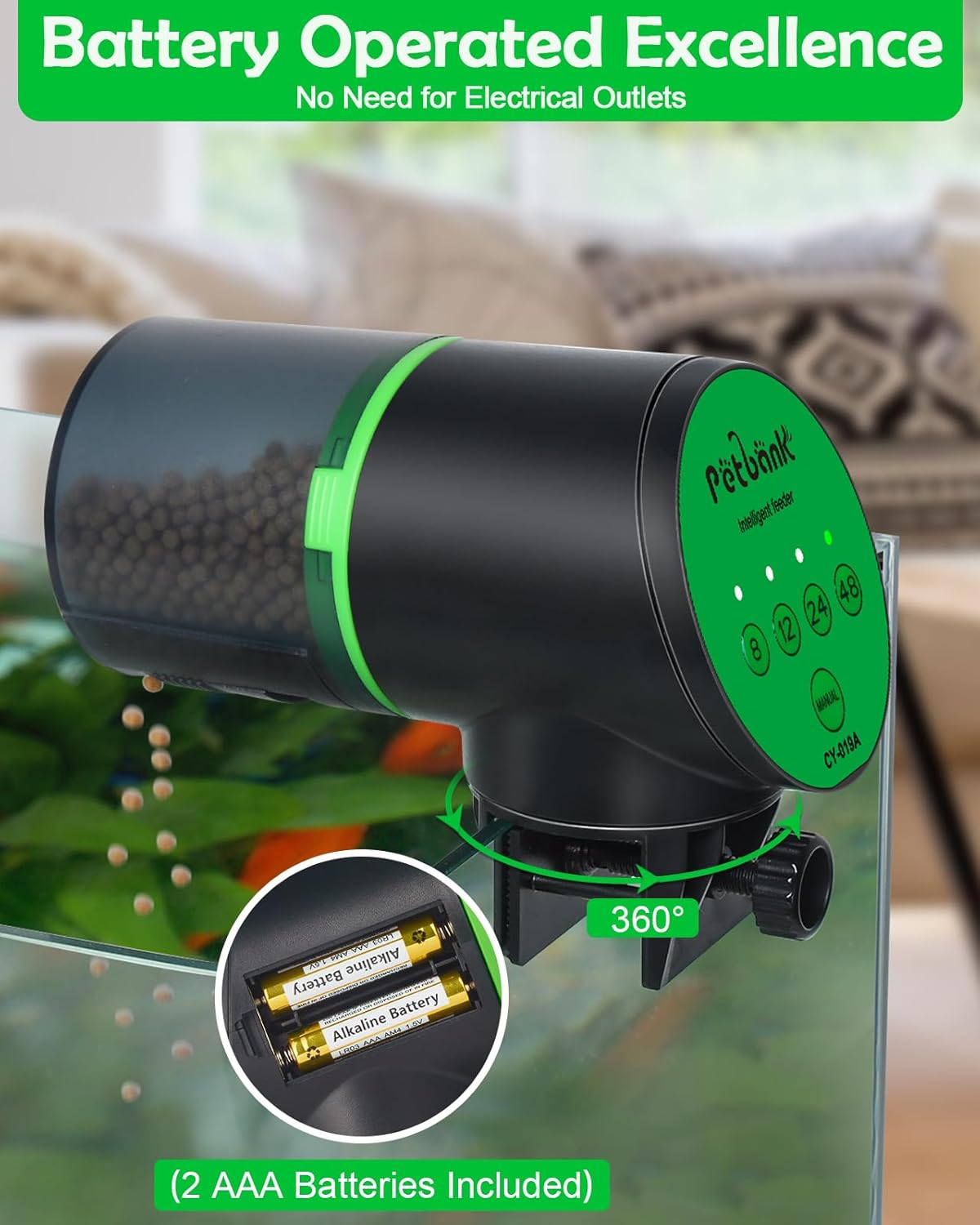 Detalle de Petbank Automatic Fish Feeder for Aquarium – Battery‑Operated, 200ml Capacity with 4 Smart Interval Modes