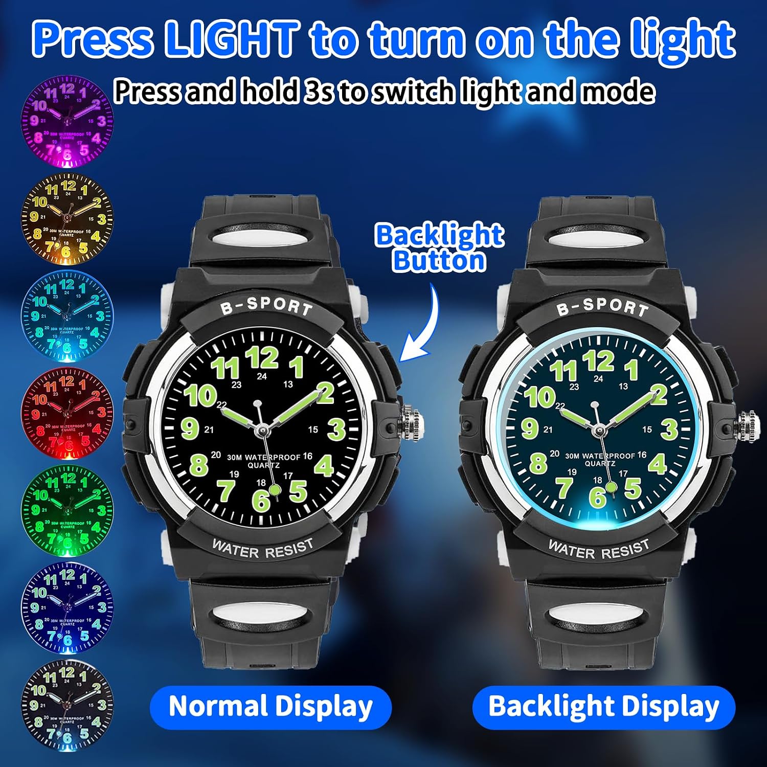 Detalle 2 de DTKID Kinderuhr Junge Mädchen – 7 LED-Farbwechsel, 3ATM, leicht ablesbar, für 5–16 Jahre