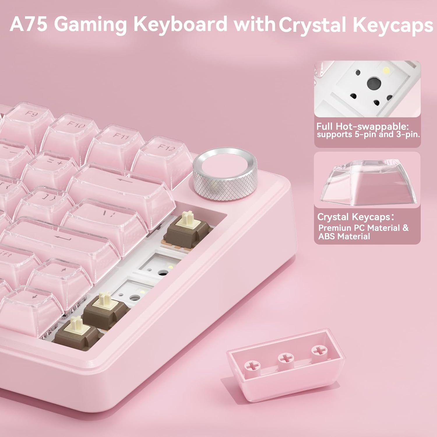 Detalle de SOLAKAKA A75 Wireless Gaming Keyboard with Multifunction Knob — 75% Mechanical, Tri-Mode, Hot-Swappable