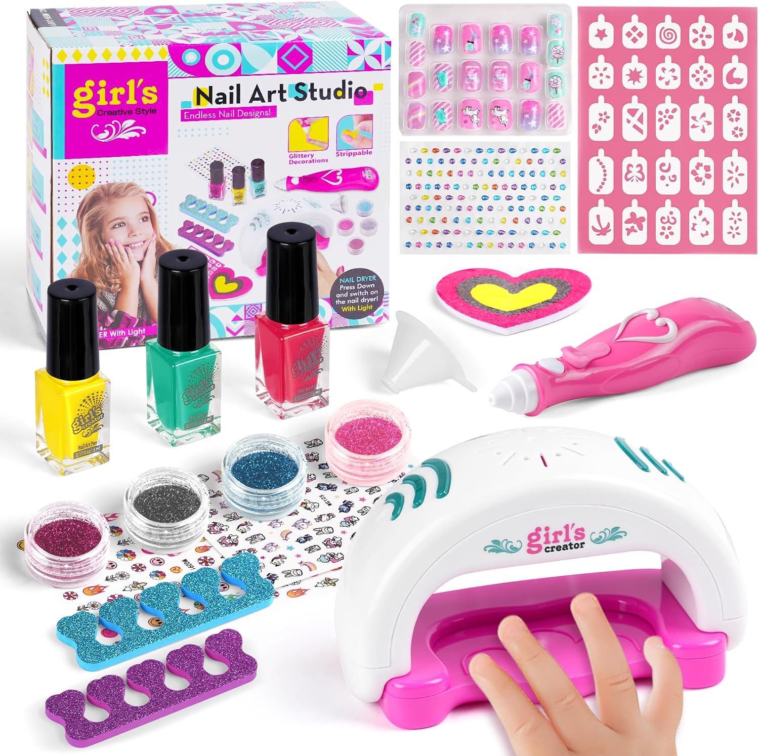 Detalle de Aomig manicureset voor kinderen met nageldroger, nagellak en glitter