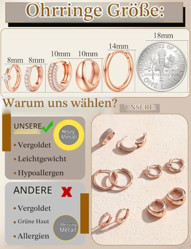Detalle de Finrezio 5 Paar Creolen Rosegold – Damen Ohrringe Rosegold in drei Größen