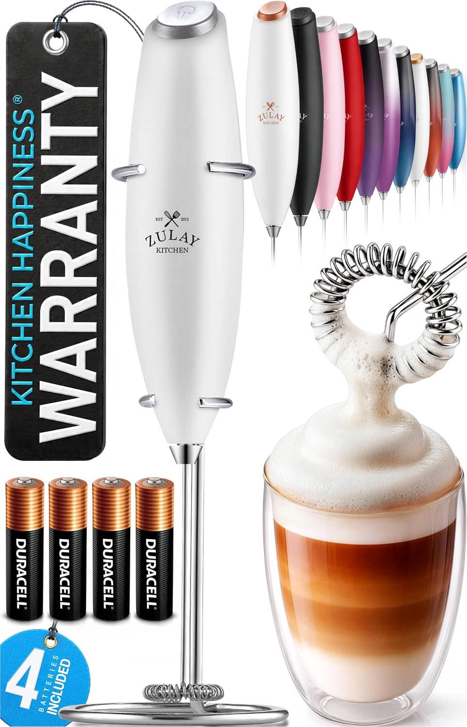 Detalle de Zulay Kitchen handheld milk frother with Duracell AA batteries (white) — manual, powerful frothing