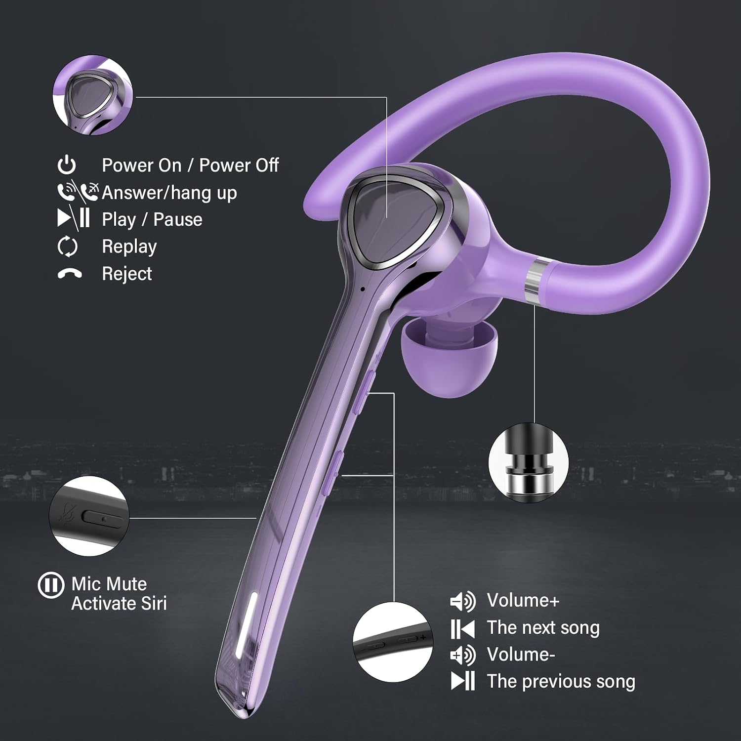 Detalle de VOTAZIB Bluetooth Headset V5.4 – Dual-Mikrofon, 90h Laufzeit, ENC+CVC 8.0, IPX7, zwei Geräte, lila