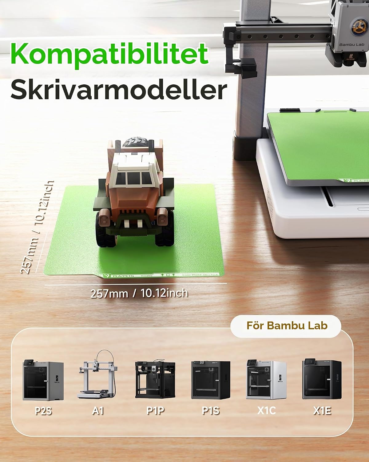 Detalle de YOOPAI kalltrycksplatta 257 x 257 mm för Bambu Lab, grön med AR-kod