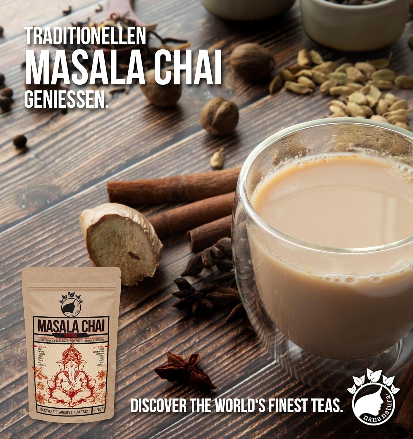 Detalle de NanaNatura’s MASALA CHAI TEE (250 g) – indischer Schwarztee mit Gewürzmischung für Chaitee, Chai-Latte und Iced Chai