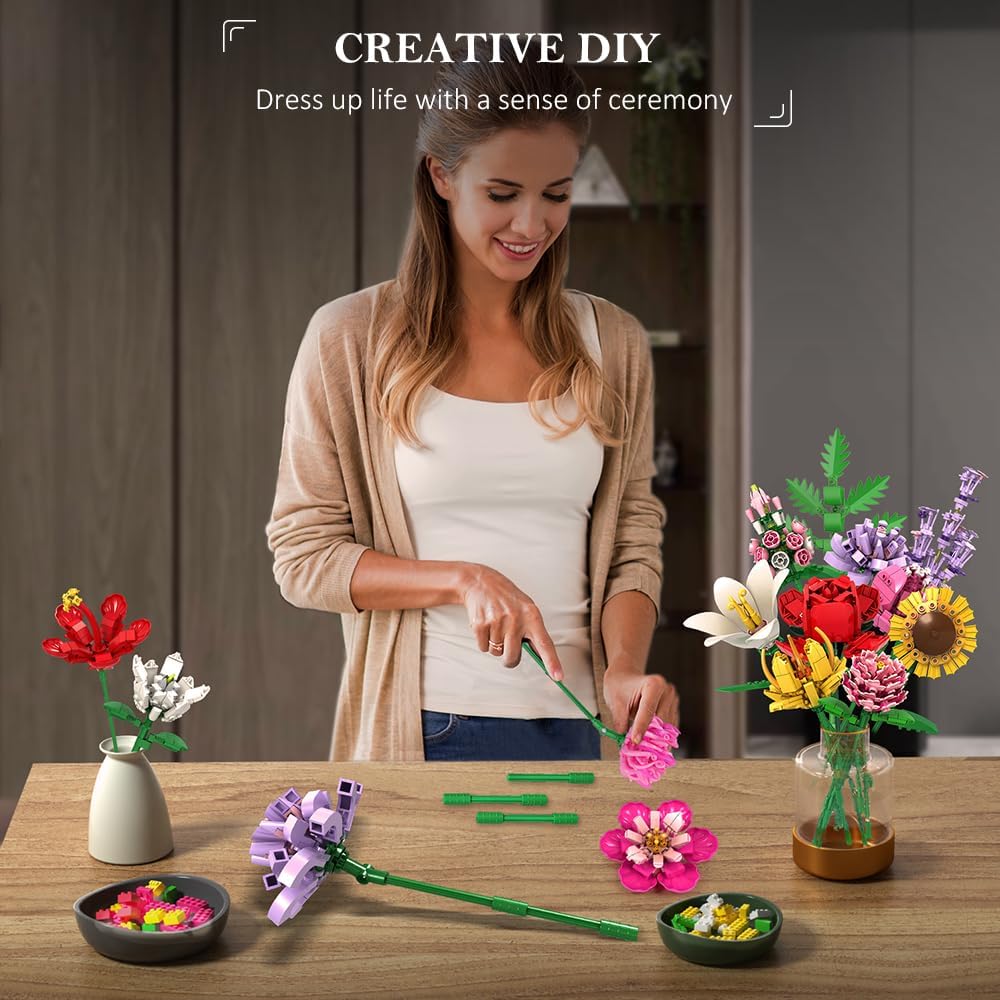 Thumbnail 1 de HOGOKIDS Flower Bouquet Set for Adults (Valentine) – 1461pcs botanical DIY artificial flowers with 18 sticks