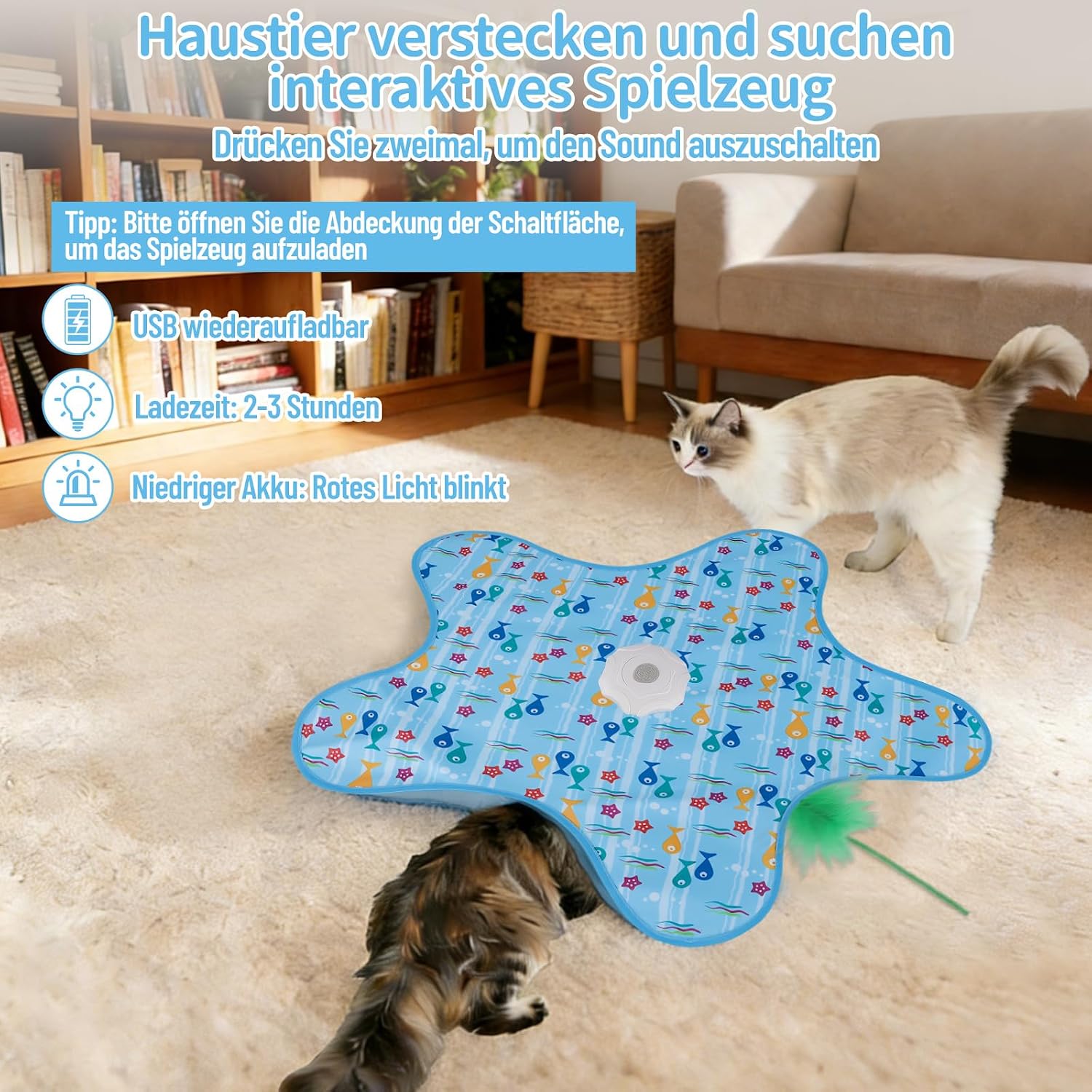 Thumbnail 4 de Interaktives Katzenspielzeug mit Feder und Quietschmaus – USB wiederaufladbar, mit Versteckspiel & 3 Lichtmodi (blau)