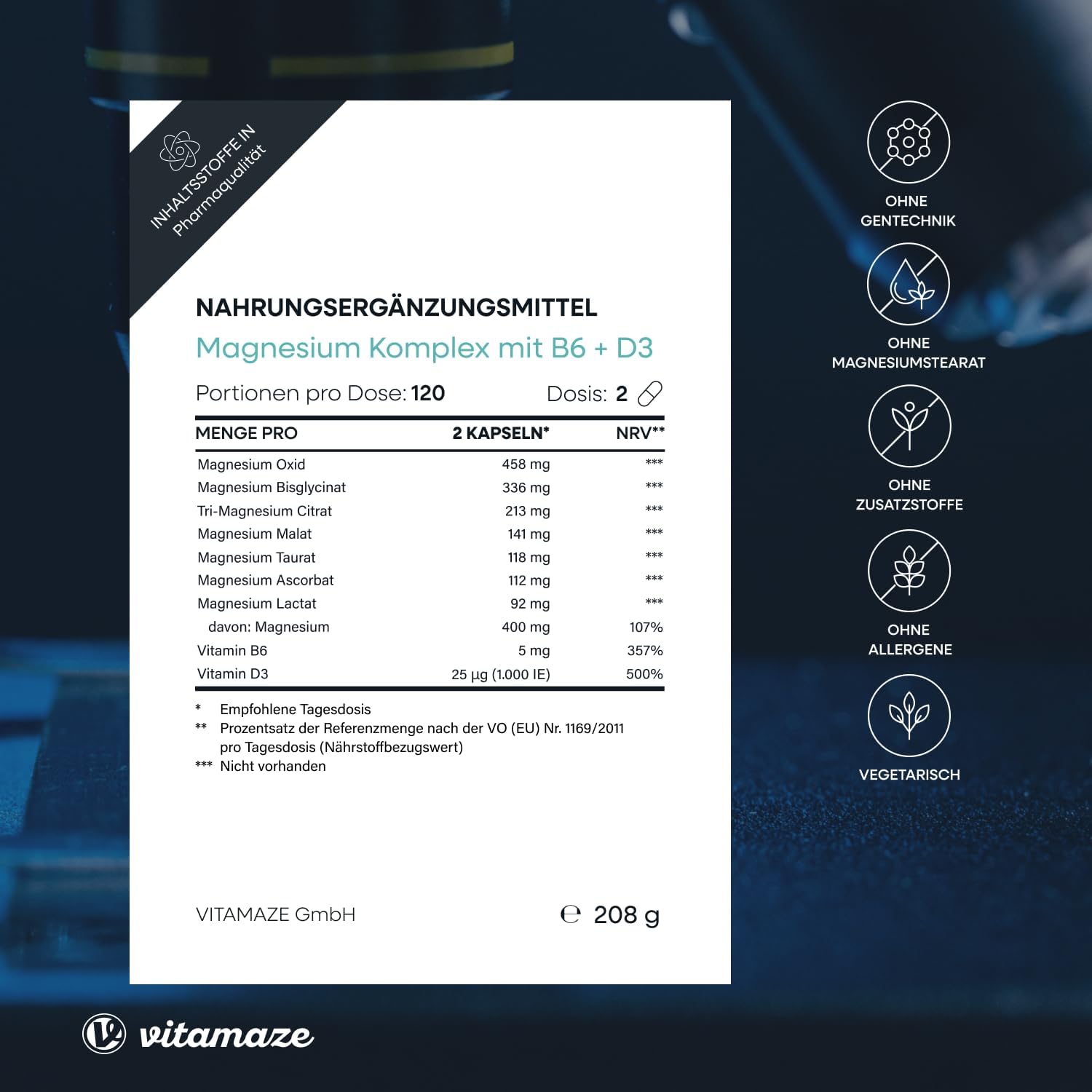 Detalle 2 de Vitamaze Magnesium Complex 400mg | 7 Formen + Vitamin B6 & D3, Bisglycinat, Citrat, Malat, Oxid, Taurinat, Ascorbat, Lactat – Made in Germany