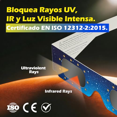 Detalle 2 de QIWEI Gafas Eclipse Solar Homologadas ISO 12312-2 – Pack Cartón 10
