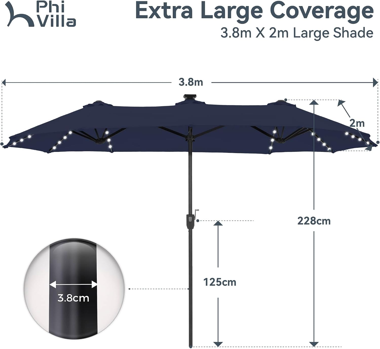 Detalle de PHI VILLA 3.8x2m Garden Parasol Umbrella with Crank for Outdoor Sun Protection
