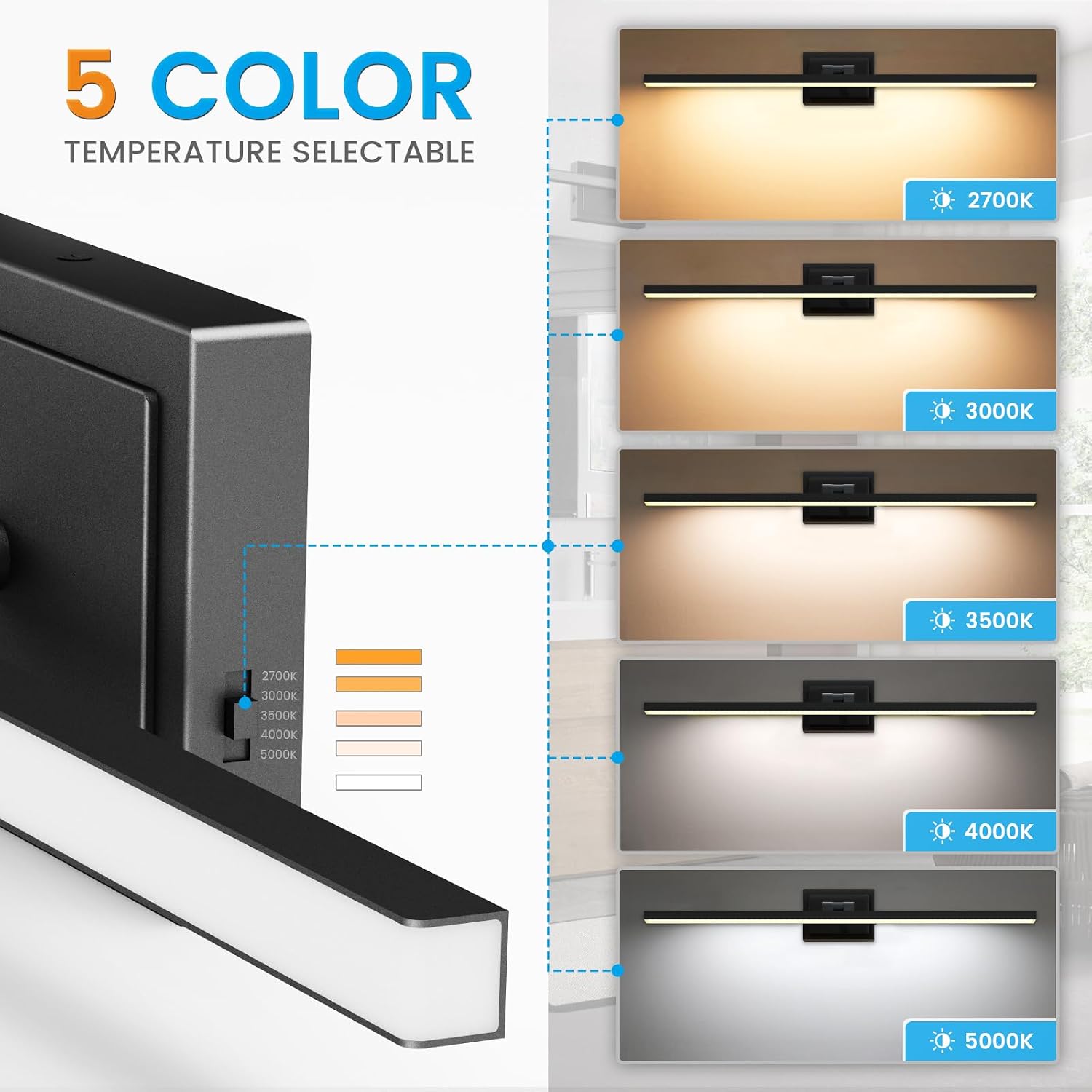 Detalle de VOLISUN 31.5" LED Vanity Light, Black, Rotatable, 5 CCT, Dimmable