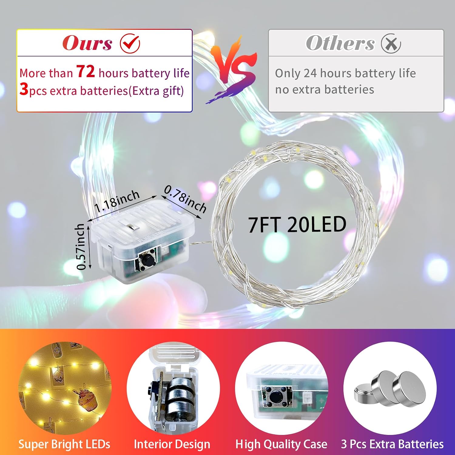 Detalle de chzk D11-UG-V8A4 8-Pack Fairy Lights, 7 ft, 20 LEDs, 3 Modes