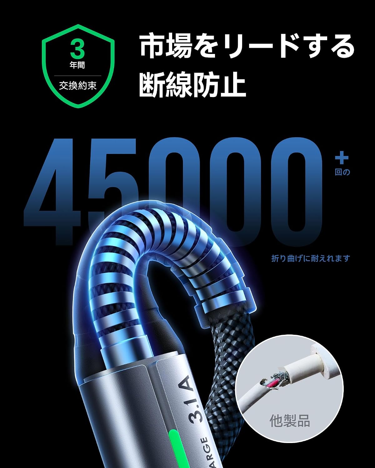 Detalle de INIU DI-D5C USB-Cケーブル 3本セット、0.5m・2m、3.1A急速充電対応