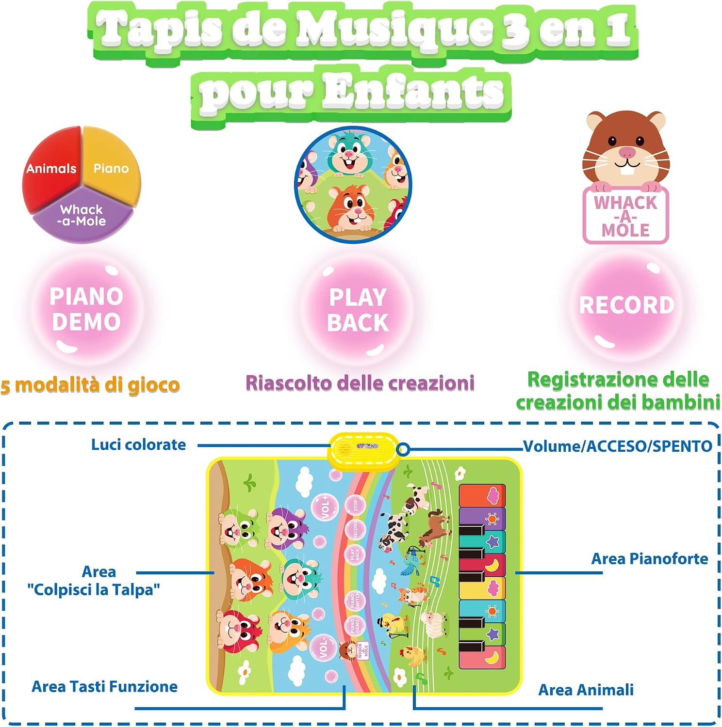 Thumbnail 6 de MOMUSE Tappeto Musicale con Gioco Colpisci la Talpa 3 in 1 – Tappeto Pianoforte per Bambini 1–5 anni