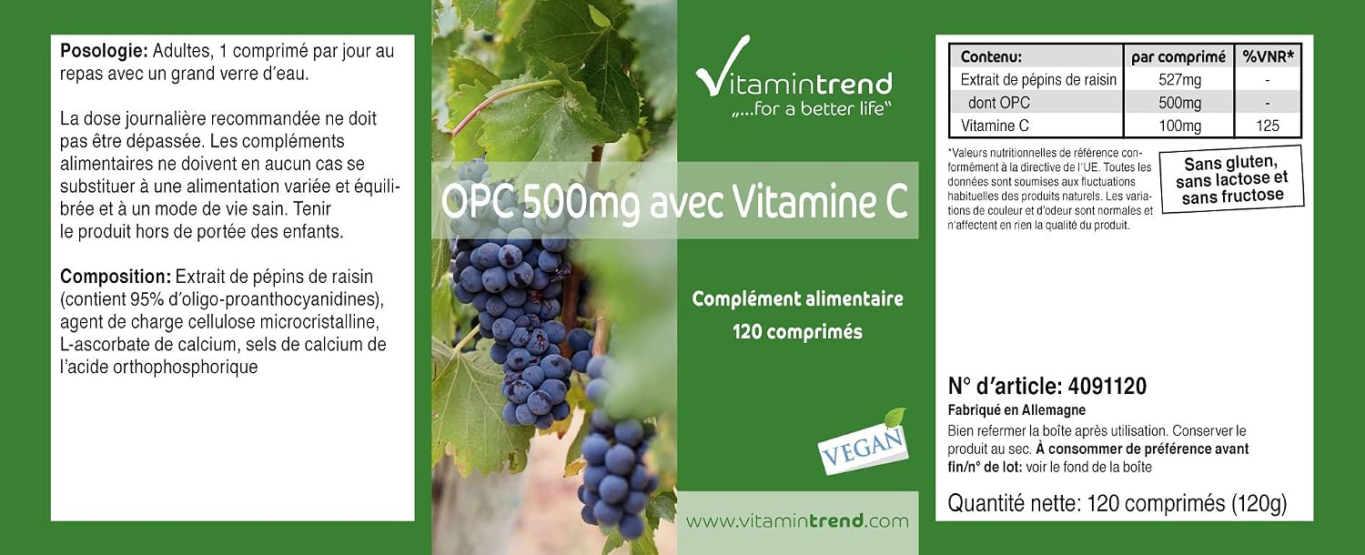 Detalle de Vitamintrend OPC 500 mg mit Vitamin C – Traubenkernextrakt, 120 Tabletten, vegan, hergestellt in Deutschland