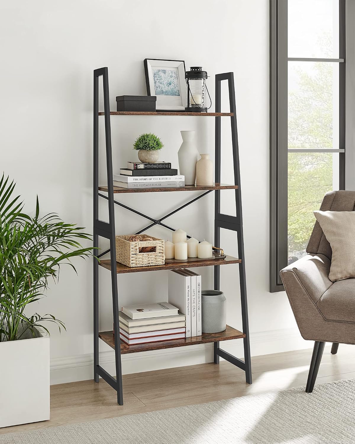 Thumbnail 3 de VASAGLE BCB020B01V1 4-Tier Ladder Shelf in Bamboo and MDF, Brown-Black