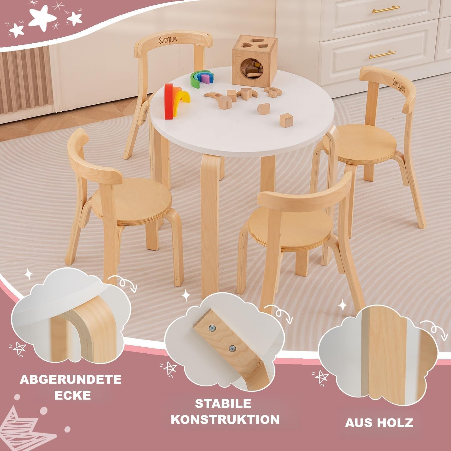 Detalle de Swegrow Kids Table and 4 Chairs Set — Wooden Table and Chairs for Kids & Toddlers (3–8 years)
